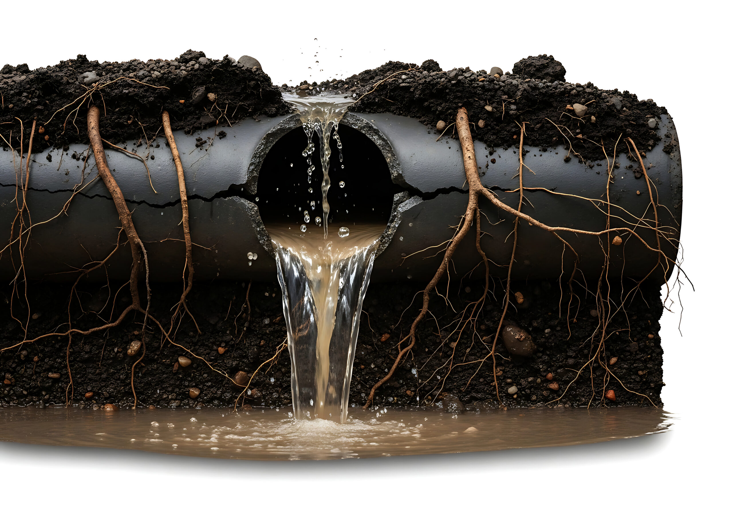 Cross-section of a cracked underground sewer pipe with tree root intrusion and groundwater infiltration seeping in